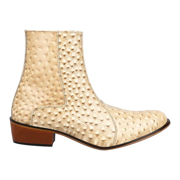 LIBERTYZENO Men's Ostrich Print Leather High Ankle Zipper Retro Beige Boots - Picture 3 of 8